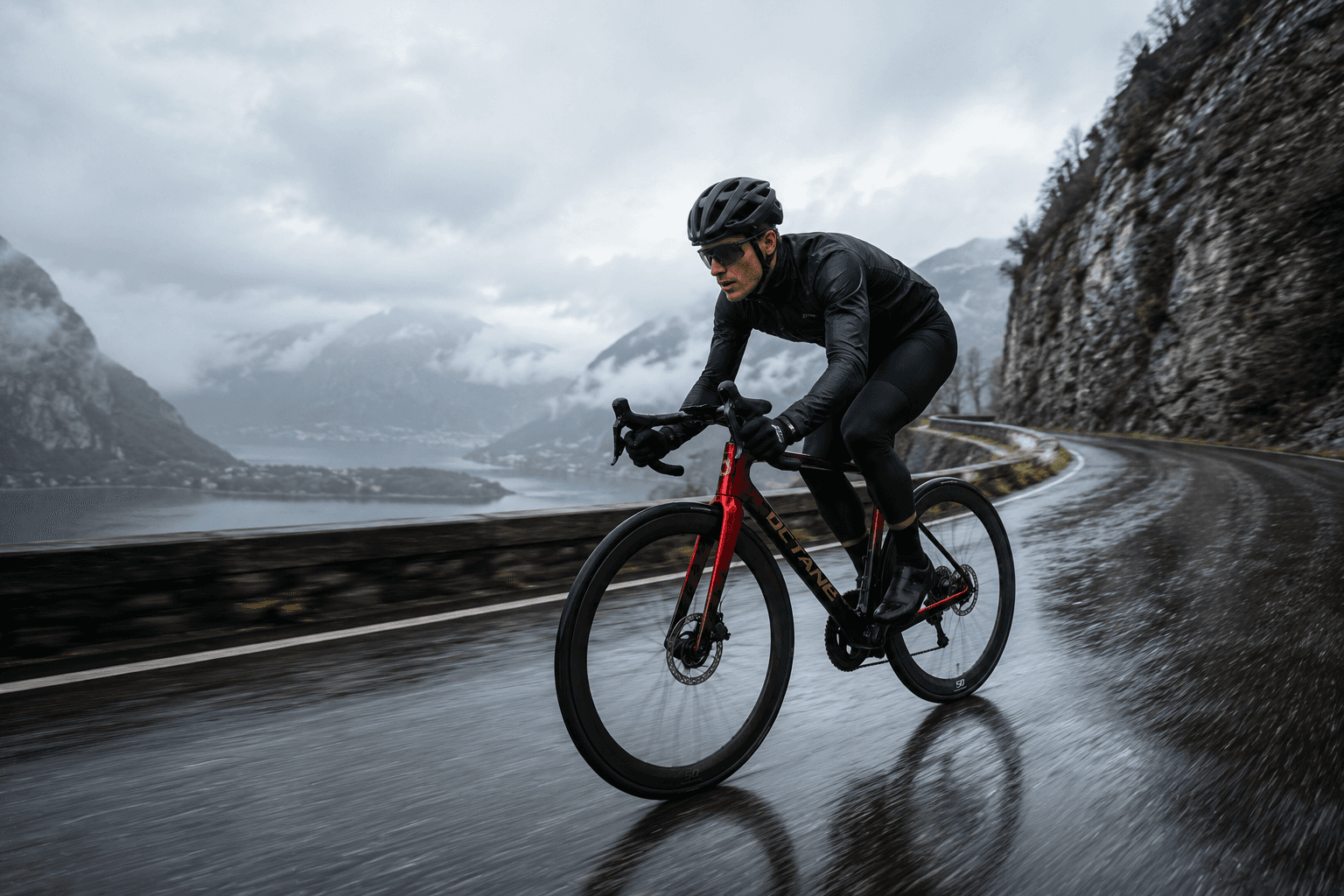 Rider pushing OCTANE Apex through alpine rain
