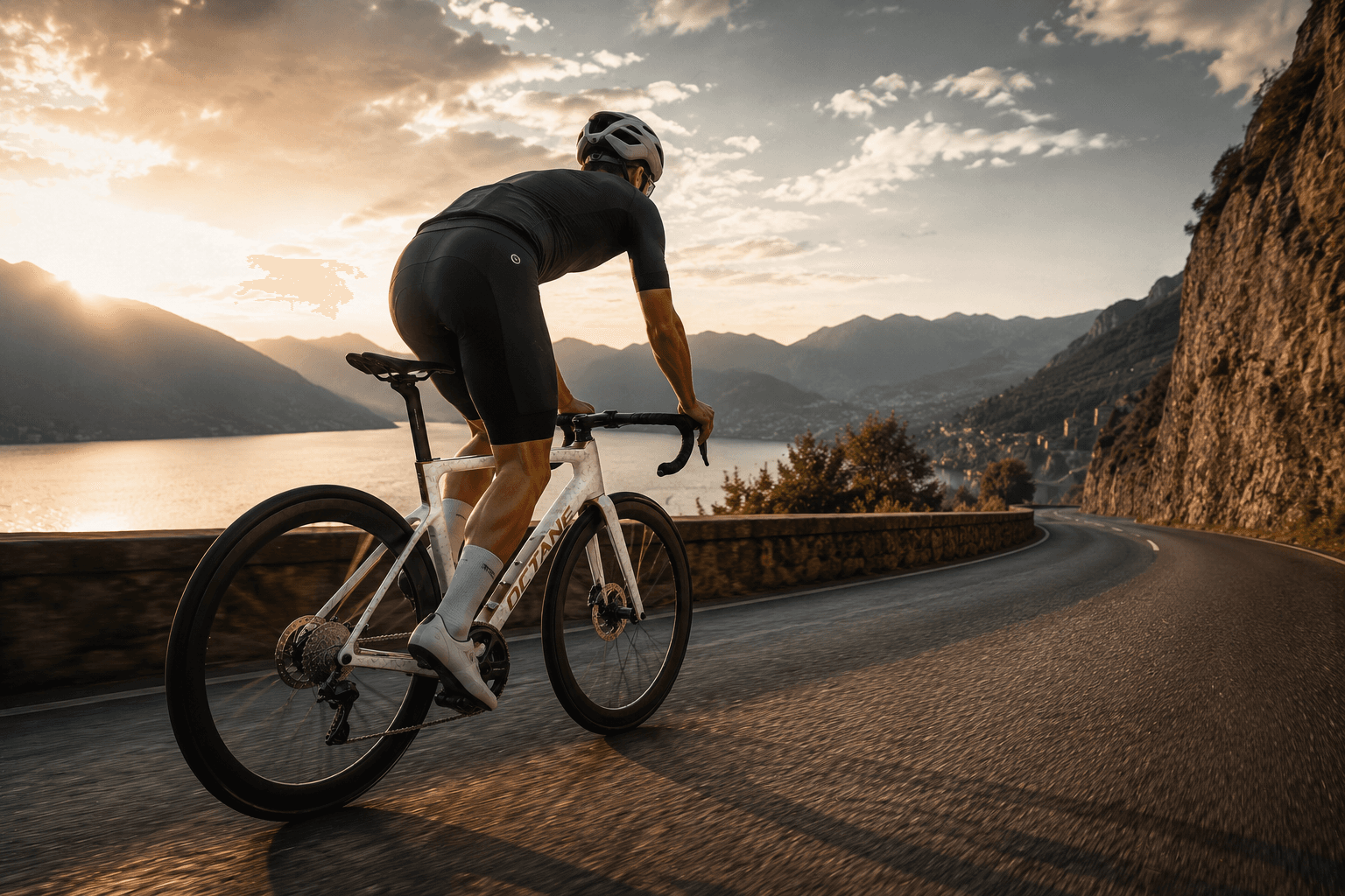 Rider climbing lakeside road on OCTANE Apex at sunset